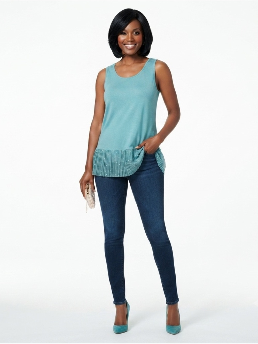 Logo Layers Aqua Knit Tank Top with Lace Hem Size L